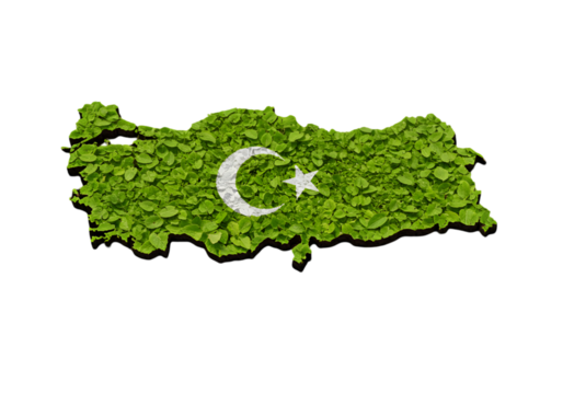 Green Leafy Turkey Map with White Crescent and Star Isolated on Black Background