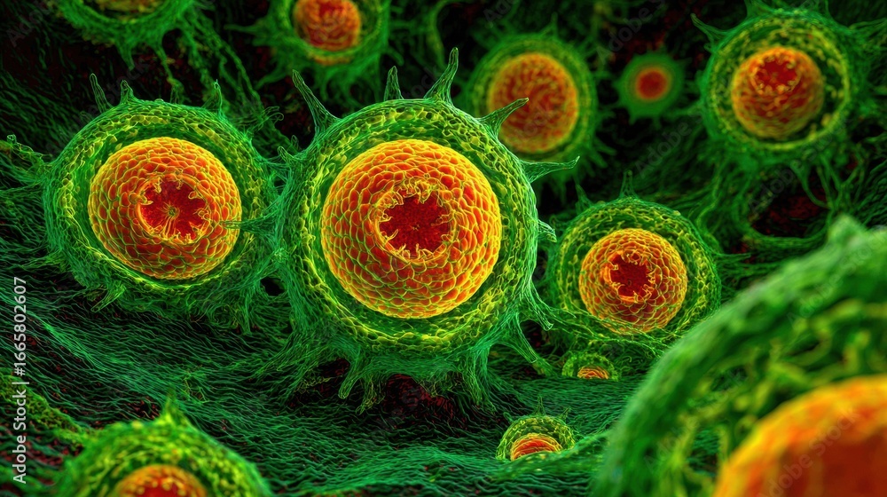 Poster microscopic view of vibrant cells reveals intricate structures and colors, showcasing dynamic activi