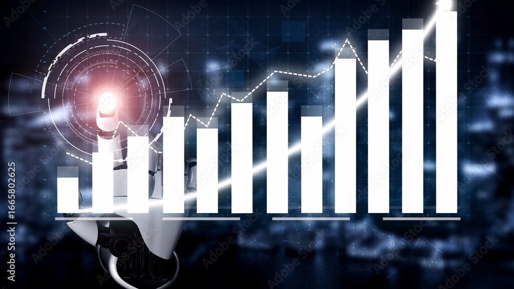 Poster a futuristic robotic hand engages with a digital growth chart, symbolizing innovation in data analys