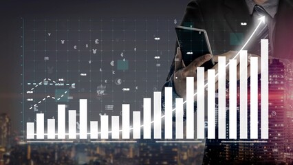 A businessman stands in an urban setting at night, using a smartphone to analyze financial data visualizations displayed with bar charts and graphs, showcasing growth trends. Copula