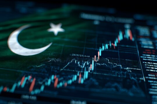 Photo of the Pakistani flag with a stock market chart background, showcasing Pakistani financial news and analysis on a digital screen.