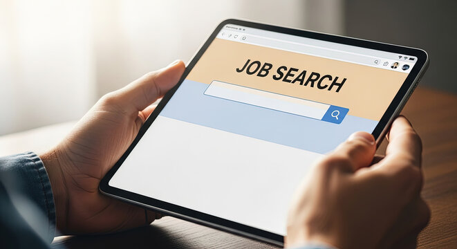 Man holds a tablet displaying job search website interface on the bright screen