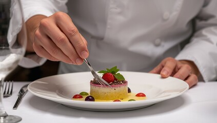 A chef delicately places a final garnish on a beautifully presented dessert, showcasing meticulous preparation and exquisite detail.