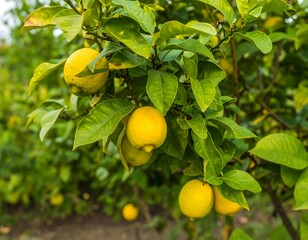 Close-up view of lemon tree branches laden with ripe fruit