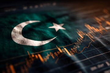 Photo of the Pakistani flag with a stock market chart background, showcasing Pakistani financial news and analysis on a digital screen.