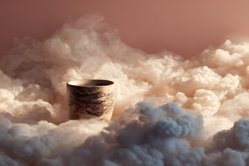 A steaming cup emerges from a fluffy cloudscape, evoking a serene morning atmosphere