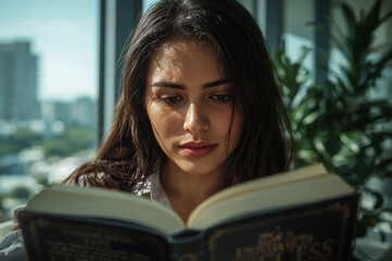 Focused woman reading an open book indoors