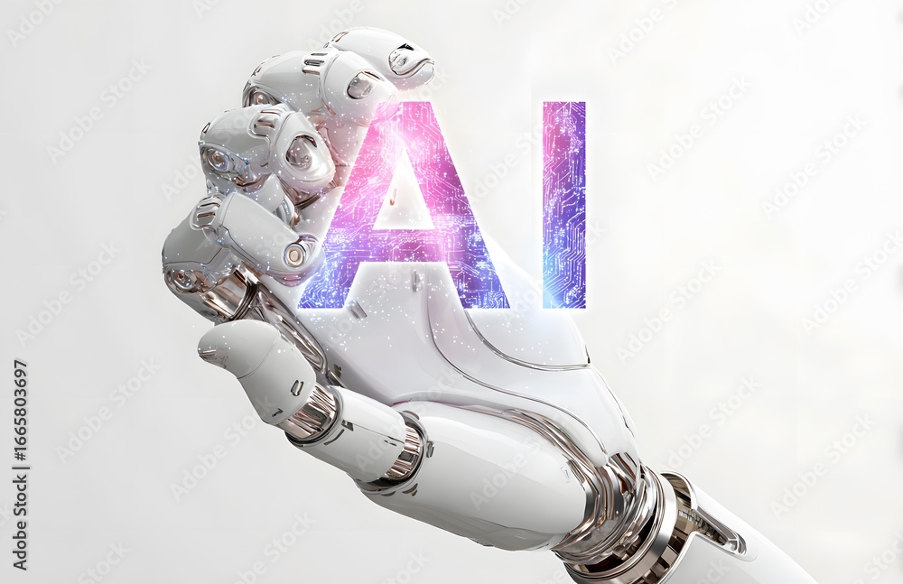 Poster robot hand holding the word 