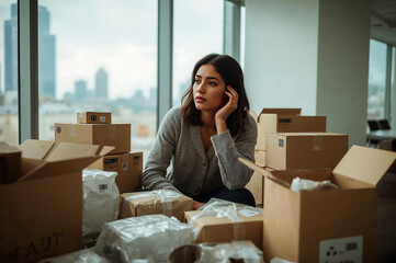 Woman surrounded by many shipping boxes looking stressed
