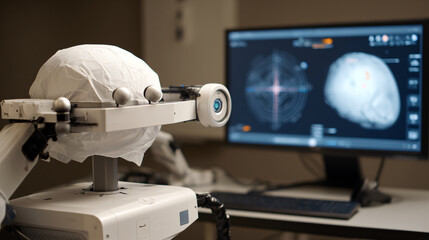Robotic neurostimulation rig with a fitted head cover positioned before a monitor displaying brain imaging in a clinical research lab.