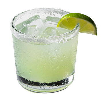 Refreshing margarita cocktail with lime and salt rim isolated on transparent background