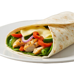Photo of a Chicken Wrap with Colorful Vegetables on a White Plate
