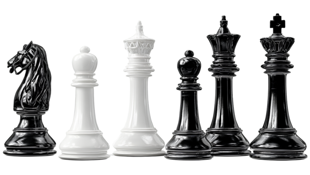  chess pieces, white and black, on a transparent background - Powered by Adobe