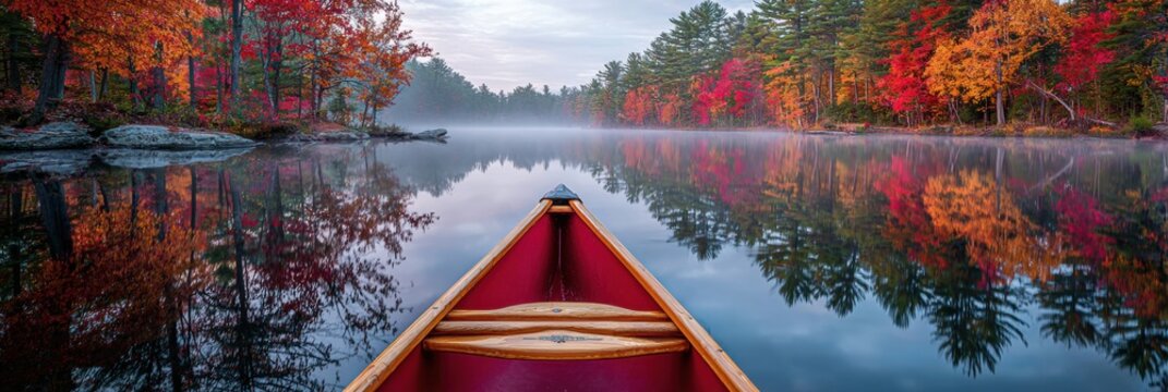 Canoeing Across a Calm Lake Reflecting Vibrant Autumn Foliage at Dawn in New England
