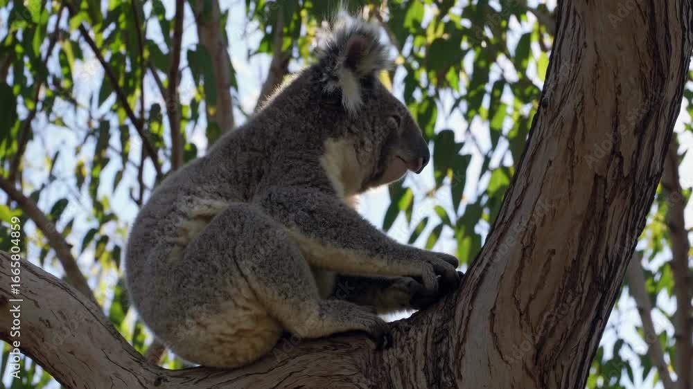 Poster video captures a koala perched on a tree branch, shot from a side angle. sunlight filters through eu