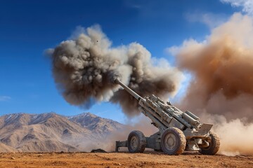 Naklejka premium Powerful artillery vehicle launches a shell, releasing massive smoke and fire clouds during a live-fire exercise in a rugged desert terrain.