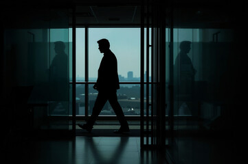 Man silhouetted walking in modern building interior