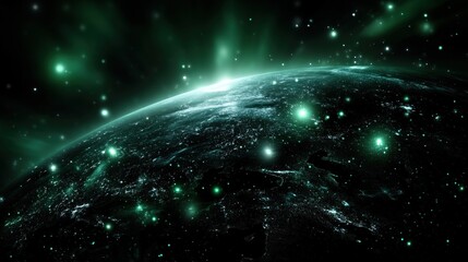 Earth is visible from space at night, showing cities lit up with lights and a green glow across the atmosphere. Stars fill the dark sky around the planet