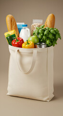 Photo of a Full Grocery Shopping Bag with Food and Produce on a Brown Background