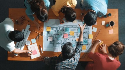 Top view of civil engineer writing and planning by using sticky notes to brainstorm idea. Top down...