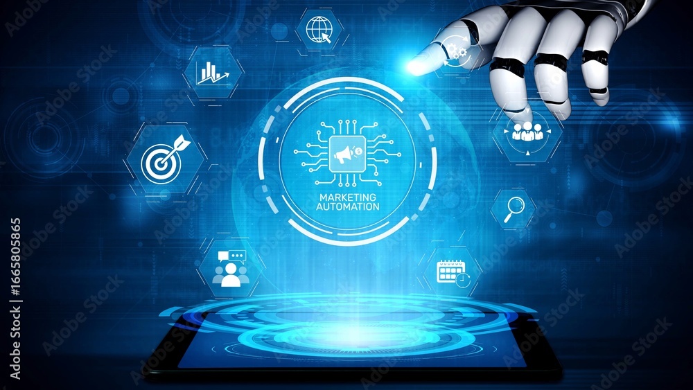 Poster marketing automation diagram showcase ai-driven campaign workflow, highlight marketing automation, d
