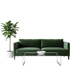 Modern green velvet sofa with coffee table and plant isolated on transparent background