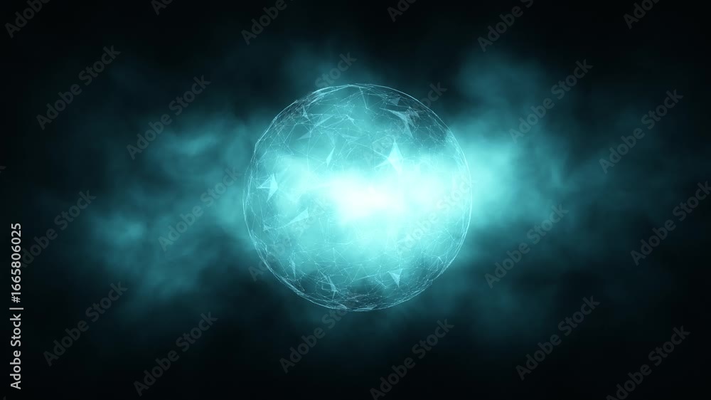 Aufkleber digital science sphere rotation on turquoise black foggy cloud light copy space loop animation.