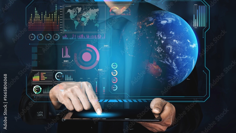 Poster high-tech global network connection interface showing worldwide digital communication, data exchange