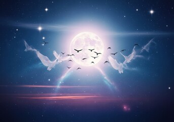 Naklejka premium Dreamy moonlit night with soaring birds, creating a magical, inspirational atmosphere of hope and freedom