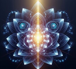 Sacred geometry-inspired abstract design, glowing lotus-like forms, symbolizing mindfulness and inner strength, with golden light at the center