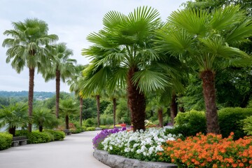 Obraz premium Lush walkway lined with palm trees and colorful flowers creating a vibrant and tropical atmosphere