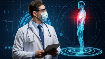 A masked medical professional examines a holographic human body displaying highlighted areas He holds a tablet with a futuristic digital interface in the background