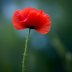 Photo of a Red Poppy Flower Blooming Against a Soft Green Background