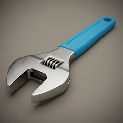Photo of a Silver Chrome Wrench Tool with a Blue Handle on Grey Background
