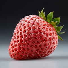 Photo Of A Single Sugared Strawberry With Red Skin And Green Leaves