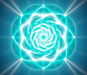 Abstract mandala-like energy vortex, glowing in turquoise and white, radiating calm vibrations, symbolizing awareness and mental balance.