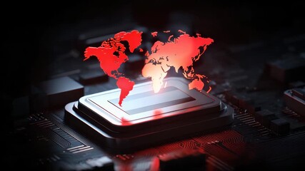 A digital world map projected onto a computer chip, showcasing global interconnectedness and technological advancement in a futuristic, dark setting. - Powered by Adobe