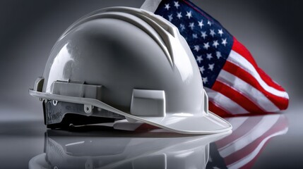 A hard hat sits next to an American flag on a dark surface. This setting highlights safety in construction and the importance of American workers