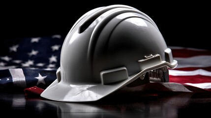 A hard hat sits next to an American flag on a dark surface. This setting highlights safety in construction and the importance of American workers