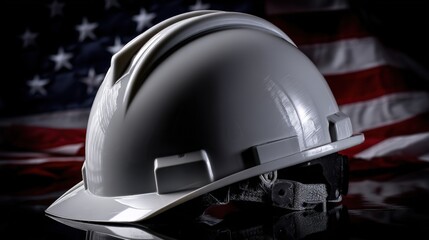 A hard hat sits next to an American flag on a dark surface. This setting highlights safety in construction and the importance of American workers