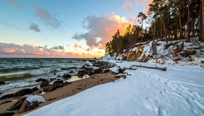 A winter sunset paints the snowy shoreline with vibrant colors, showcasing the tranquil beauty of the seaside landscape.