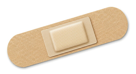A single adhesive bandage, essential for everyday wound care and minor injury protection, featuring a soft, sterile pad on a clean, isolated white background, ready for use