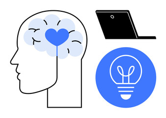 Head outline with brain and heart, laptop, blue lightbulb icon symbolizing creativity, emotional thinking, innovation, and technology. Ideal for education, tech, science mental health empathy