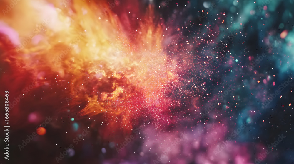 Poster dynamic cosmic explosion of vibrant colors and glittering particles, perfect for abstract art.