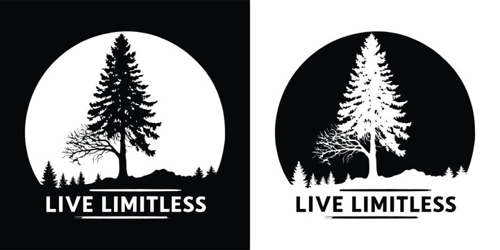 A majestic pine tree stands tall in a forest at night under a full moon, with the text live limitless symbolizing growth and boundless potential