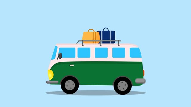 Vintage green camper van with luggage on the roof rack ready for a summer road trip adventure. Flat vector animation