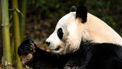 Obraz premium Close-up view of a panda, showcasing its distinctive black and white fur, paws, and profile.
