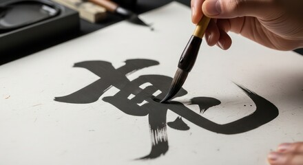 Calligraphy in Progress: Hand with Brush Creating Bold Strokes on Textured Paper