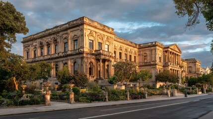 Historic building facade at golden hour