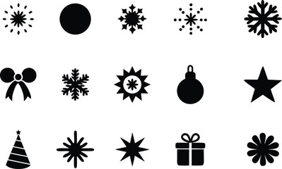 Vector art of group of black snowflake, star, and christmas icons including gift and tree